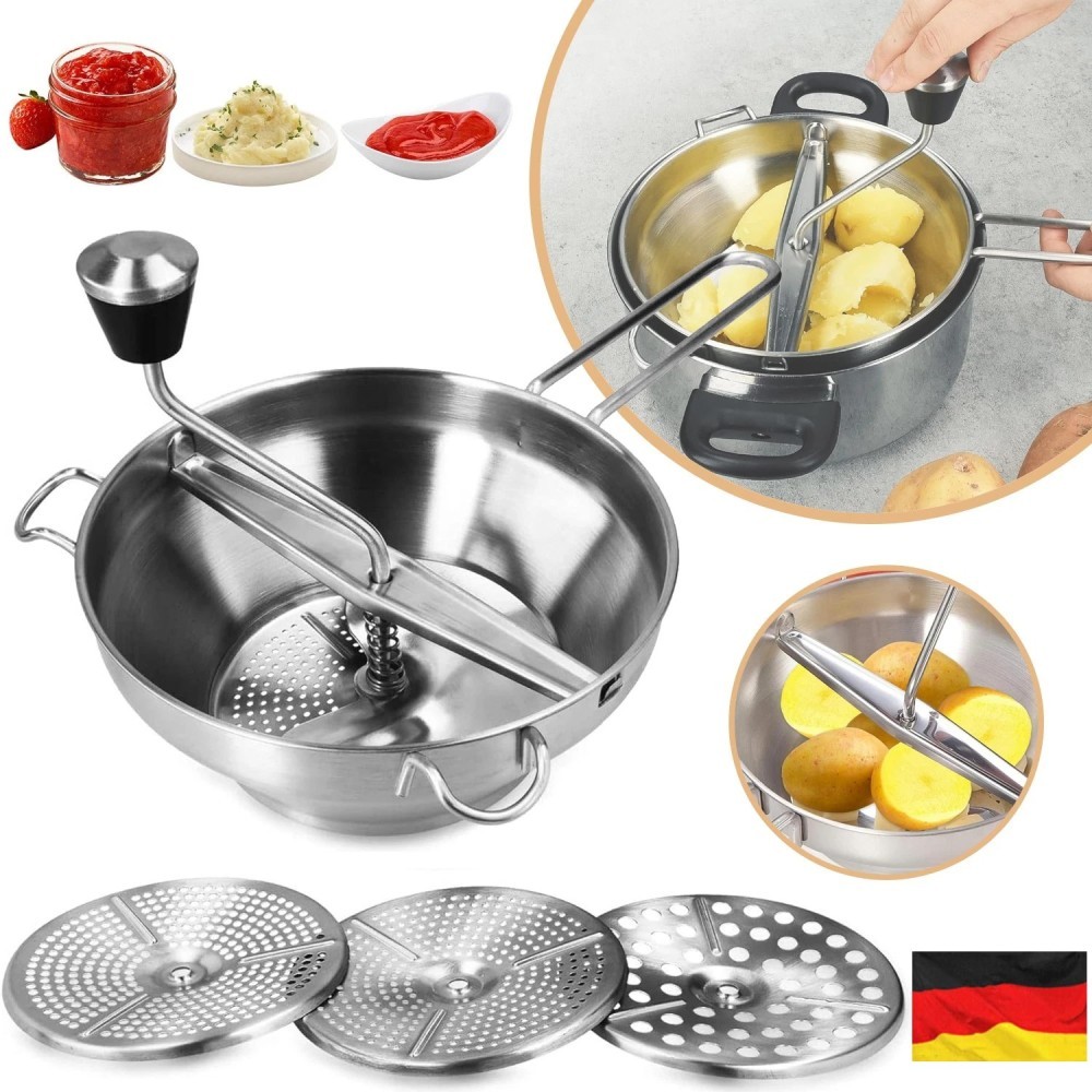 Passiermühle Edelstahl mit 3 Einsätze Passiergerät Passiersieb Passiermaschine