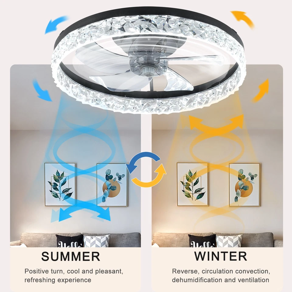 20" Ceiling Fan With LED Lights Crystal Design Flush Mount Remote & APP Control - Image 4 of 4