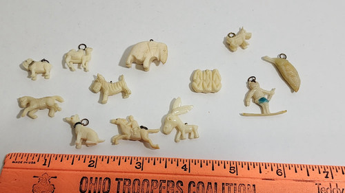 12 Celluloid VTG Animal Charms Horse Dogs Elephant Monkeys Donkey Surfer Corn