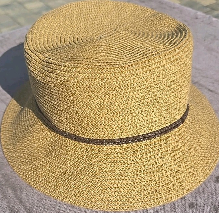 NINE WEST Tan Paper Straw Banded Fedora Hat Leather Accented