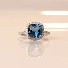 Cushion London Blue Topaz  Diamond Vintage Halo Ring, 925 Silver Eternity Ring