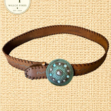 Streets Ahead Brown Leather Belt w/ Green Round Concho Buckle, Made in USA
