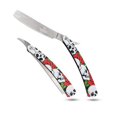 Snake Eye Tactical Straight Razor Manual Folding Knife-Skull Print Resin Handle