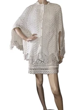 Vintage White Crotchet Shawl Poncho Boho Cape Wrap w/fringe Grannycore OS