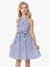 Kukume Girls S Blue White Stripe Ruffled Sleeveless Dress Mid Size 10/12 :140