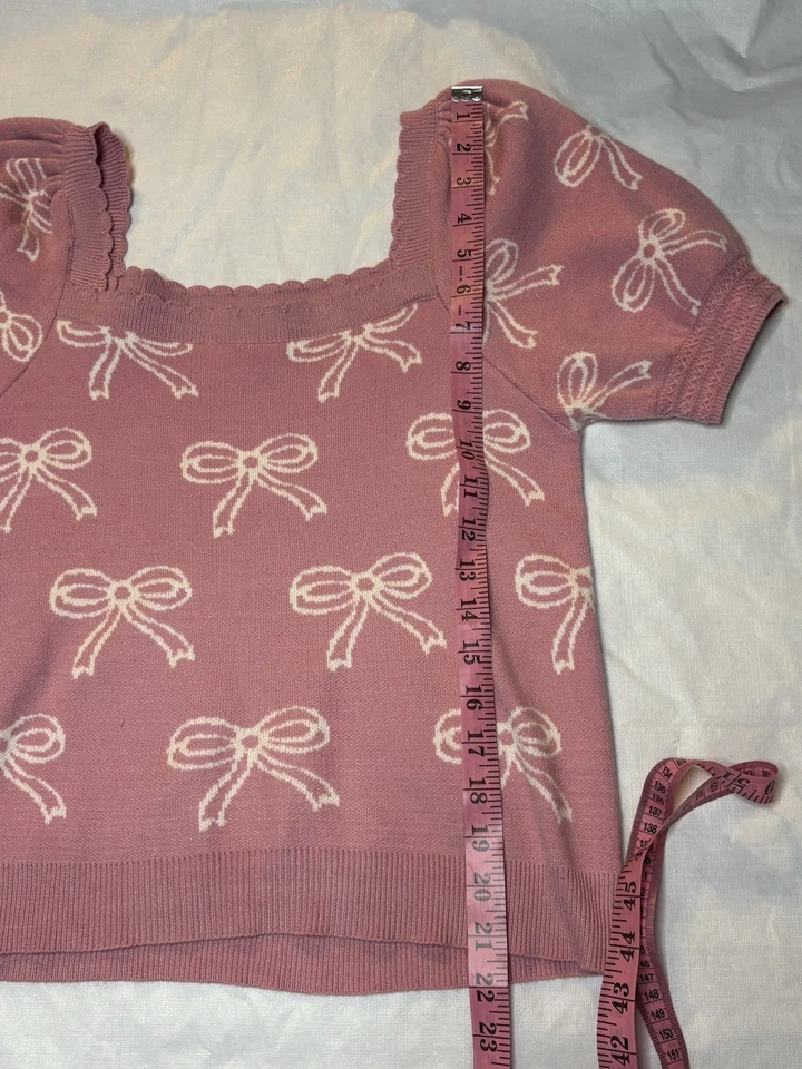 Suéter Willow & Wind Coquette Bow Top Rosa Mangas Cortas Puff Talla L Preppy Foto 4 de 4
