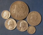 LOT 6 US SILVER COINS 1921 MORGAN SILVER DOLLAR 1952 S FRANKLIN HALF $ 2 QUART.