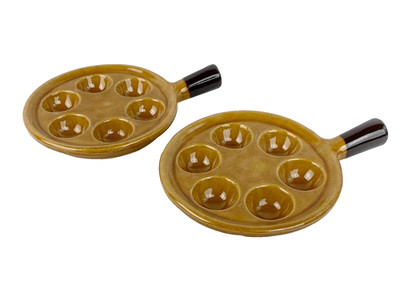 Escargot 2 Baking Dishes w Handles Vintage Brown USA Made Snail Mushroom Perfect