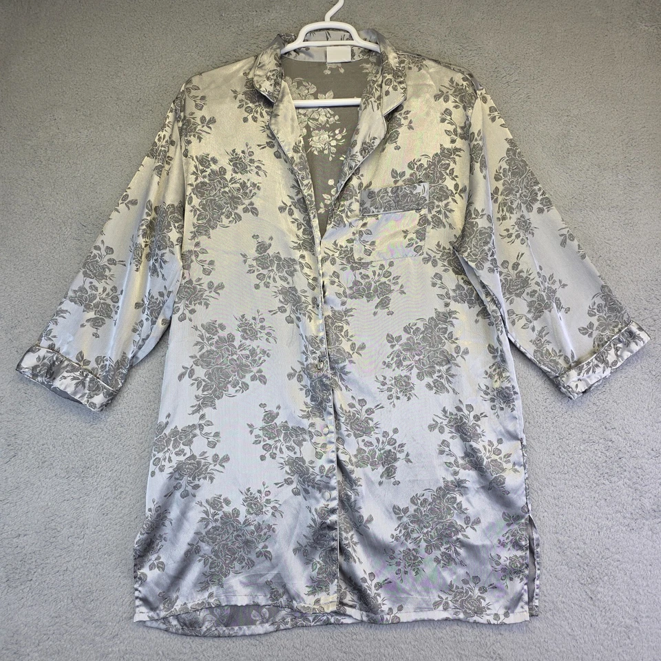 Secret Treasures Nightgown Womens 2XL Silver Button Up Floral Satin Shirt - Image 2 of 4