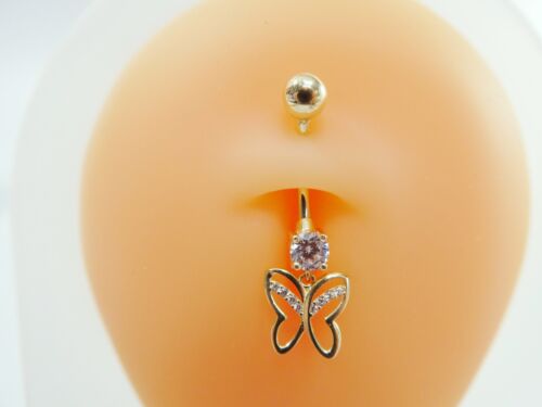 14K REAL SOLID YELLOW GOLD BUTTERFLY DANGLING BODY BELLY BUTTON RING PIERCING - Picture 1 of 9