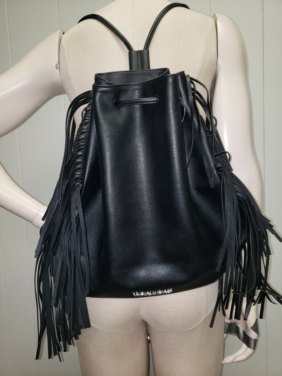 Victorias Secret Black Faux Leather Fringe Hobo Backpack $85 NWT