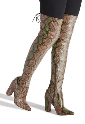 Portia by SHOEDAZZLE, Green faux snake leather 4'' heel OTK/thigh boots, SZ 7
