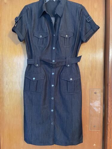 Calvin Klein Dress Black Denim Snap Front Short Sleeves Stretch Sz 6P