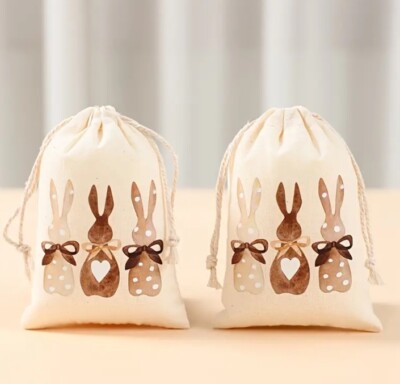 Frohe Ostern süße Hasen Design Leinen Beute/Leckerli/süße Beutel x 6 NEU