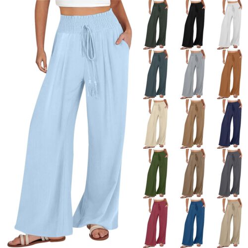Women Linen Wide Leg Pants Drawstring Elastic Waist Pants Casual Beach Trousers
