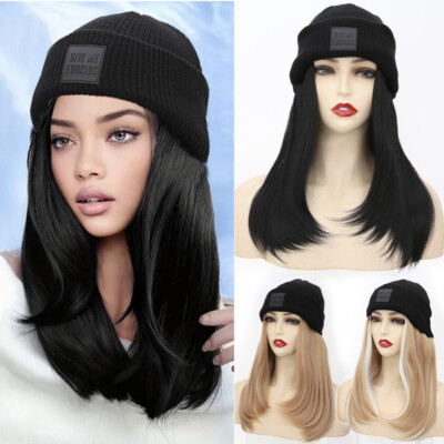 11''Hat wigs Cap Long BLonde Brown Straight Wig Connect Winter Knitted Beanie Hat