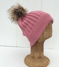 New Winter Warm soft Knit With Faux Fur Pom Soft Stretchy Beanie Hat Pink E