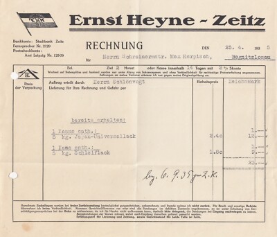 Zeitz, invoice 1935, Ernst Heyne Lacke