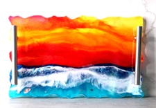 11"x7" BeachThemed Resin Tray, Coastal Resin Art, Sunset & Ocean Waves Handmade