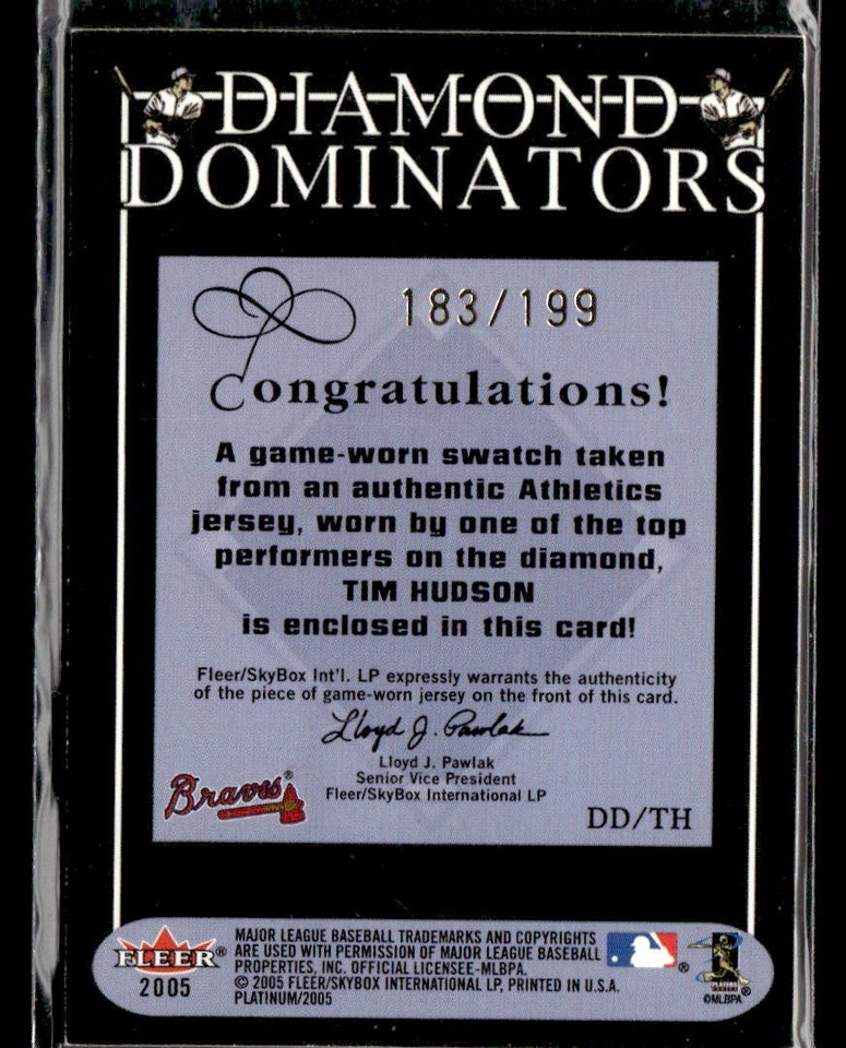 2005 Fleer Platinum #DD/TH Tim Hudson #/199 jersey card Atlanta Braves ...