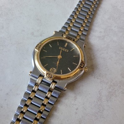 Gucci 9000M Watch Men's Silver Gold Pearl Black Dial Vintage