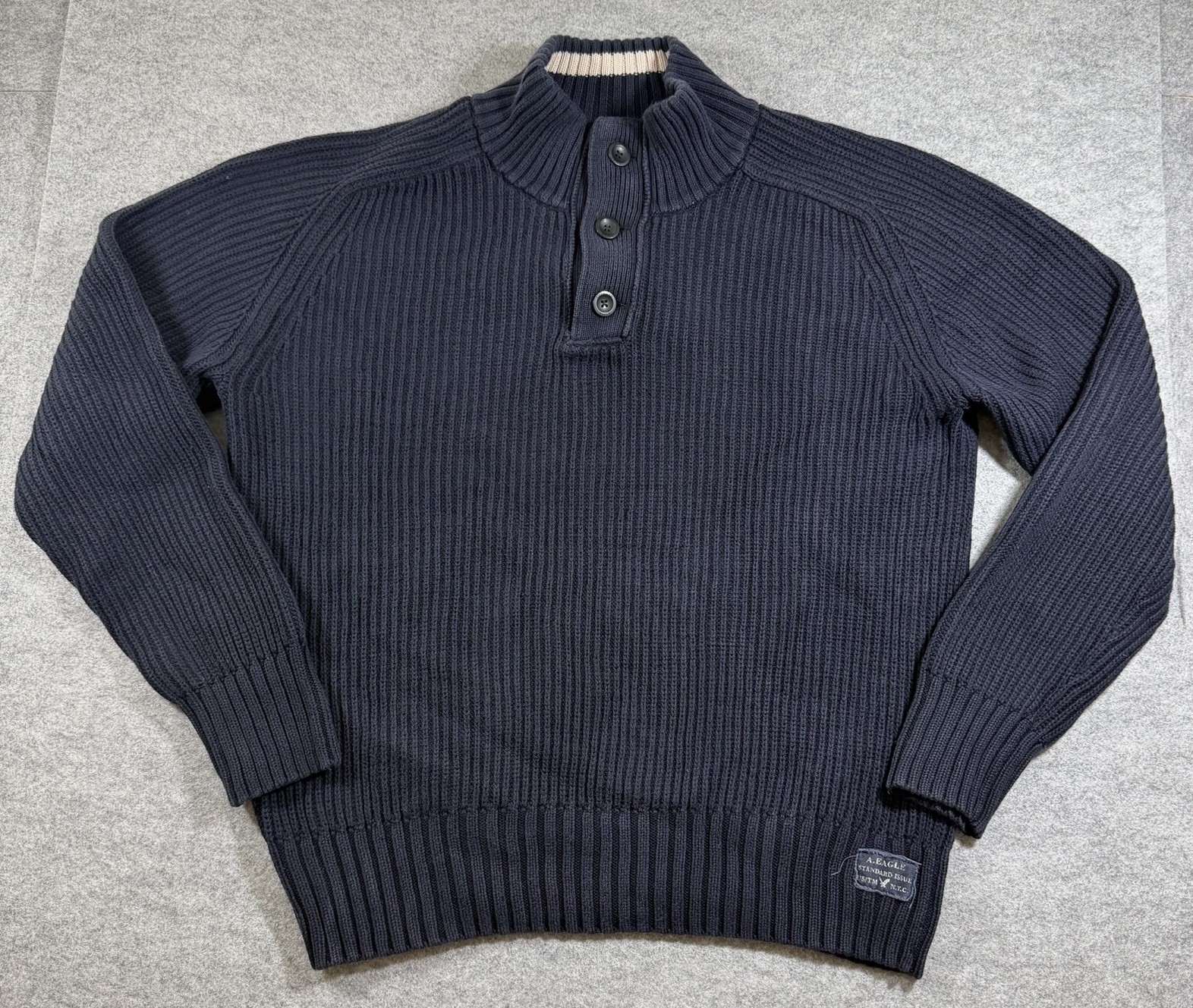 American Eagle Sweater Mens XL Blue Heavy Knit Ribbed Henley Pullover Casual