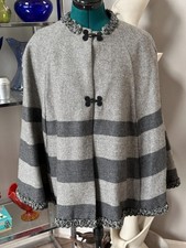 Vintage 1970s Wool Blend Cape Coat, Gray Black White Stripes, Toggle Closure,