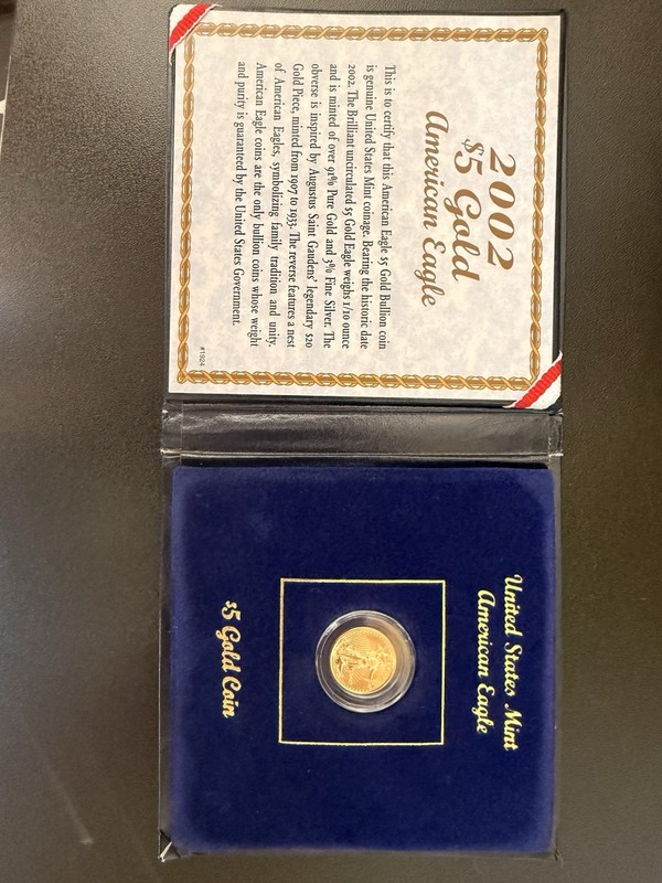 U.S. Mint 2002 $5 Gold American Eagle 1/10 oz Uncertified w/ Box & COA
