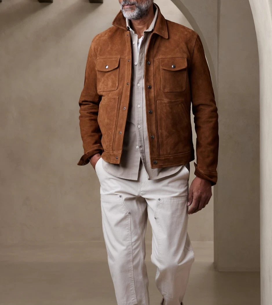 Men's Trucker Genuine Suede Leather Jacket Vintage Classic Denim Style Tan Coat