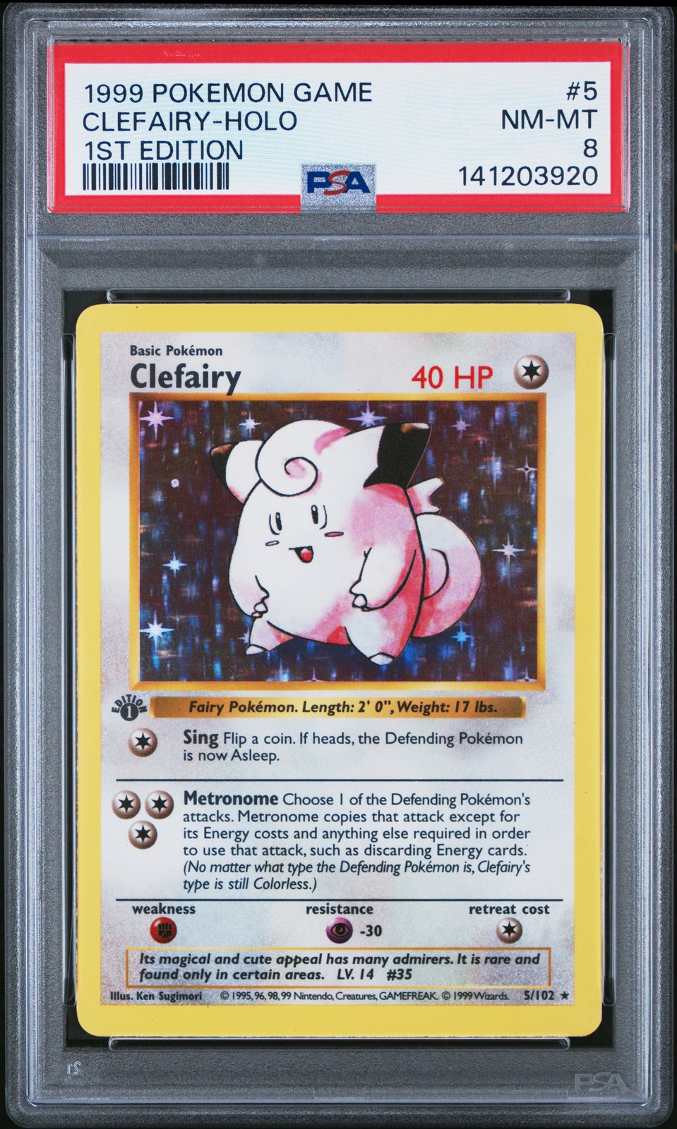 1999 POKEMON BASE SET 1ST EDITION #5 CLEFAIRY-HOLO PSA 8