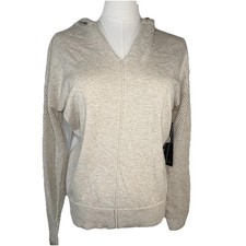 NWT Tribal Women S Beige Hooded V-neck Sweater Knit Mesh Long Sleeve 100 Cotton