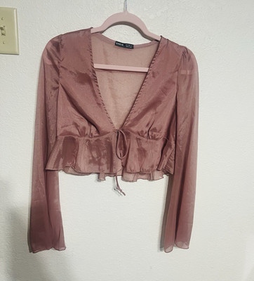 SHEIN Pink Solid Sheer V-Neck Tie Front Ruffle Hem Cropped Blouse Long Sleeve S