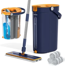 Flat Mop & Bucket Set w/ Wringer, 3-Tank System + 4 Microfiber Pads