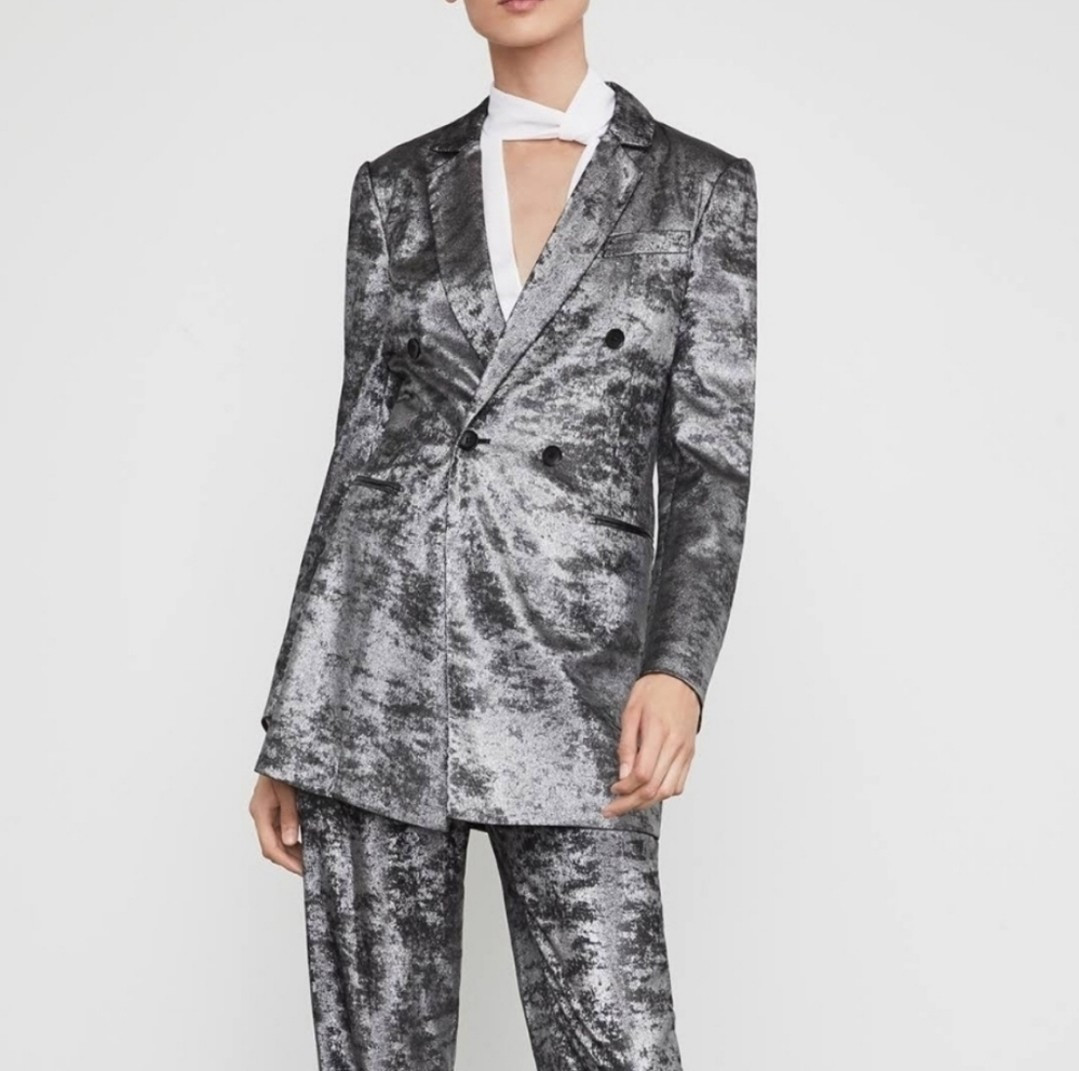 BCBGMAXAZRIA SzXXS Metallic Double-breasted Long Blazer