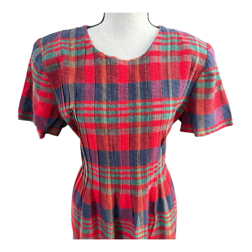 Vtg Miss Dorby Linen Blend Plaid Dress Sz 12 Red Tartan 80s Cottagecore Holiday - Image 2 of 4