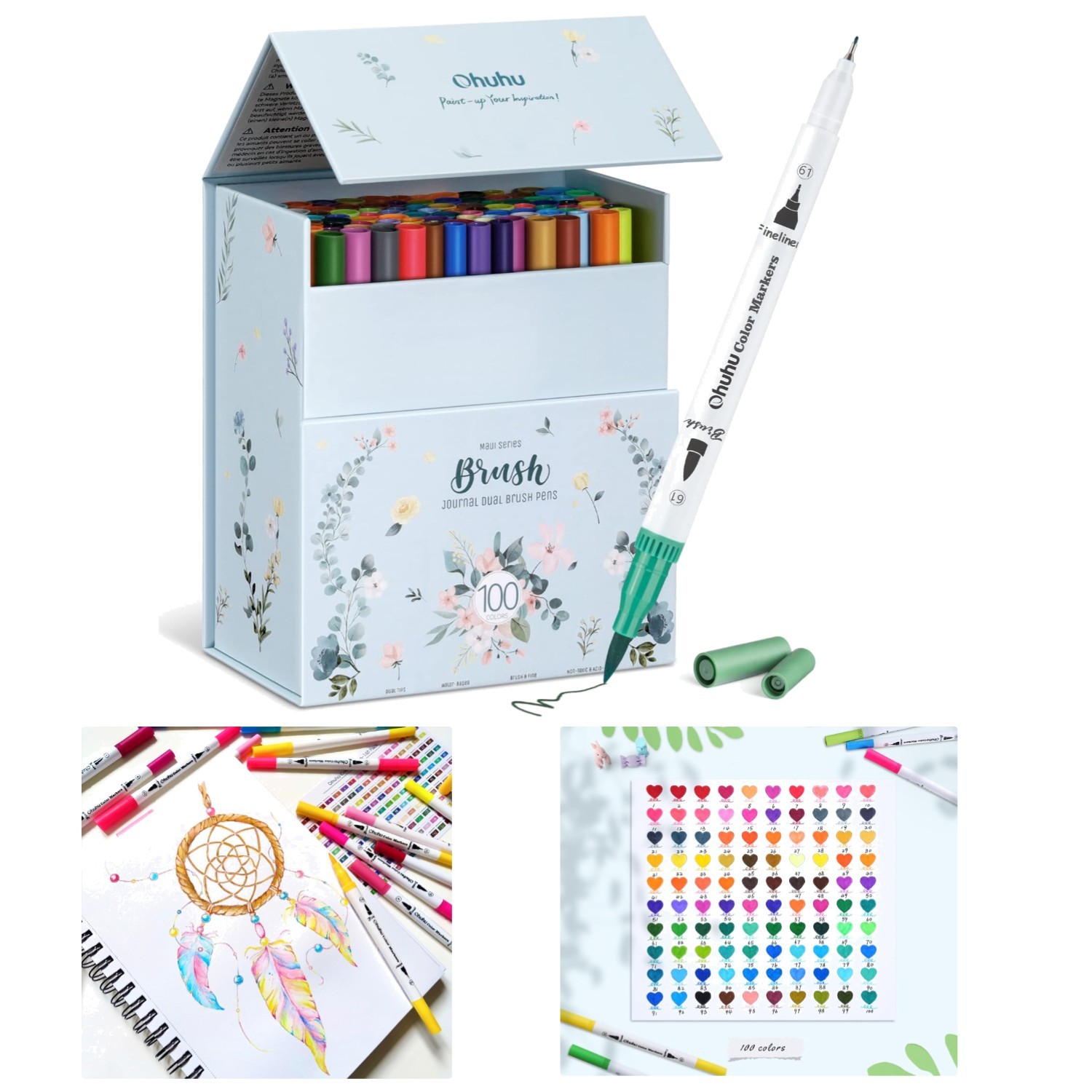Non-Toxic 100 Color Marker Set with Replacement Tips and Swatch Cards - Gift Box