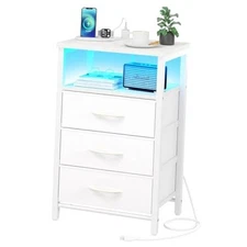  Night Stand with Charging Station, 16 Colors LED Nightstand 3 Drawers White