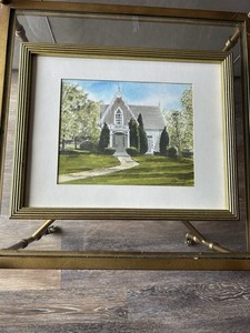 Watercolor painting of a home or church In Gothic Revival architecture by Grey’s