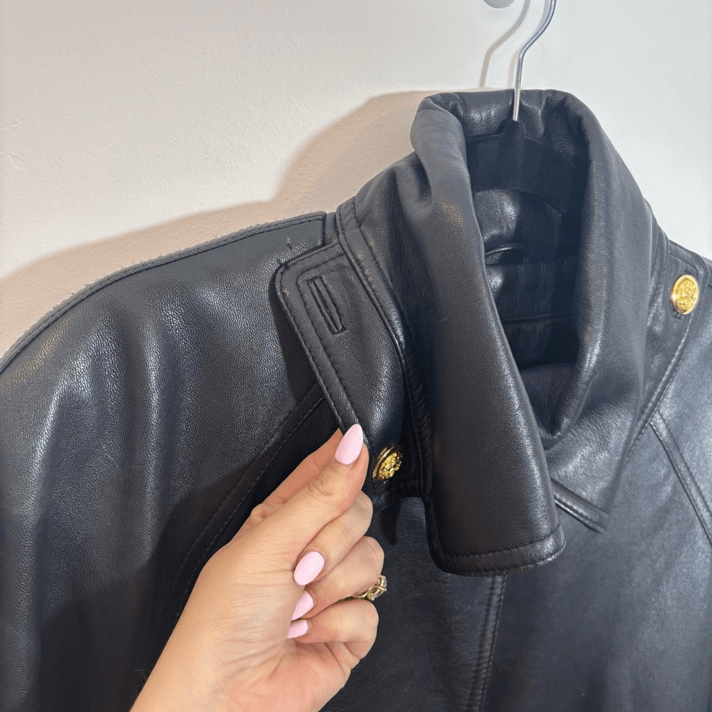 Givenchy Black Leather Coat XXL gold button closure thumbnail 8