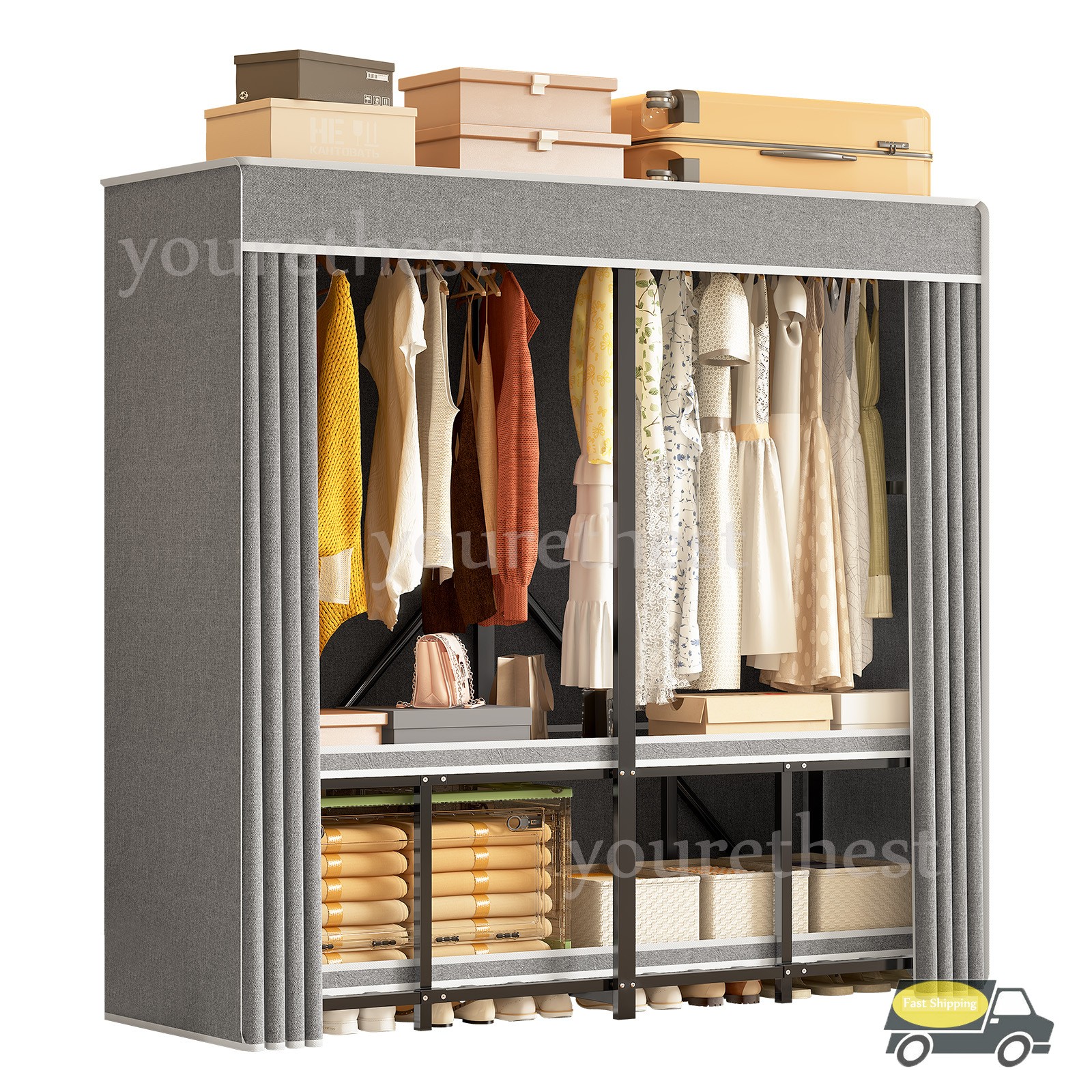 66" Assembled Wardrobe Closet Portable Closet System w/Cover Heavy Duty 3000 Lbs