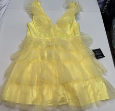 Lulus Yellow Ruffle Tiered Party Dress Woman’s Large Satin Tulle V-Neck