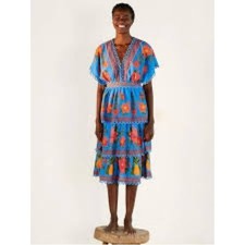 Farm Rio Tropical Tapestry Layered Midi Dress Womens XS Blue Excellent Floral