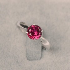 Solitaire Pink Ruby Ring Lab Created Round Gemstone 925 Sterling Silver Ring