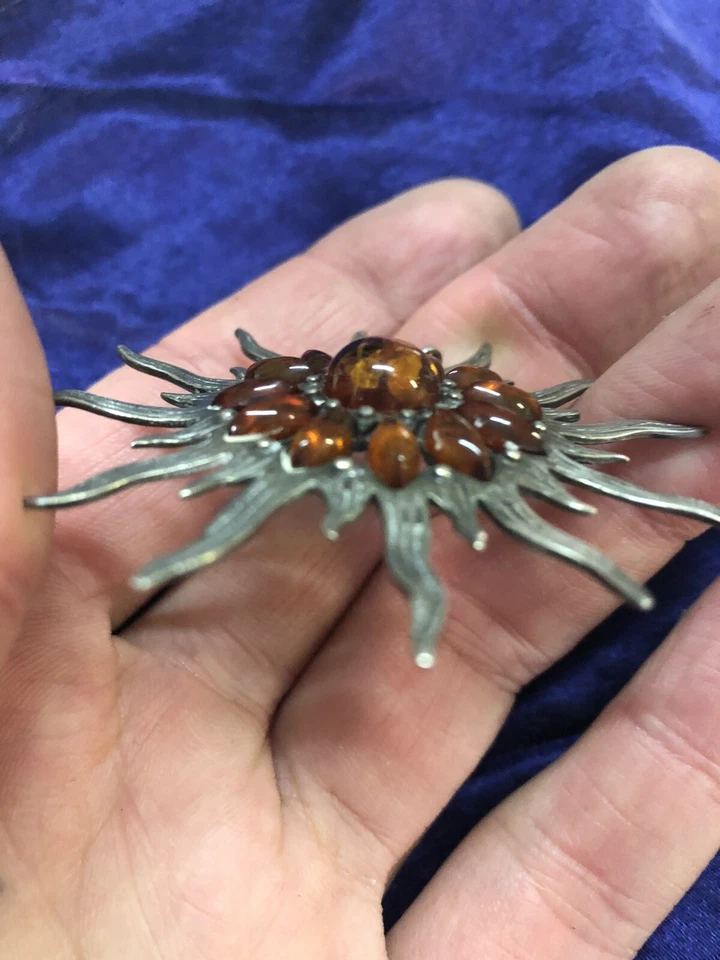 Grande Pendente Vintage In Argento E Ambra, Sole Organico, Hippy, Ciondolo 1970 - Immagine 3 di 4