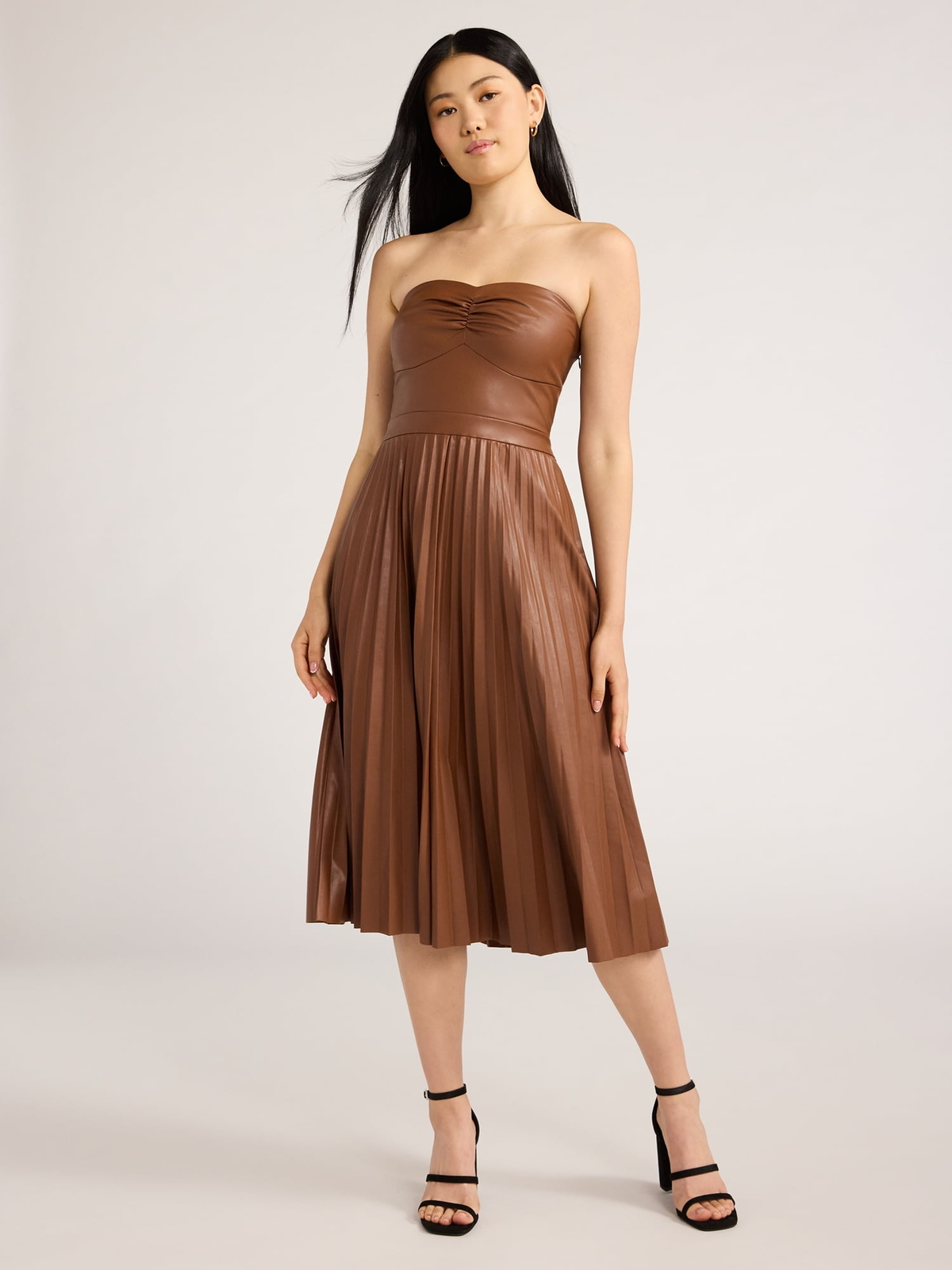 Scoop Dress Women's Size L Ultimate Faux Leather Strapless Pleated Midi --W7--