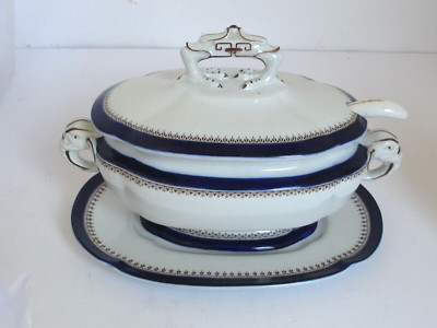 Antique sm. Royal Worcester Blue & White Tureen Underplate Ladle Elephant Handle