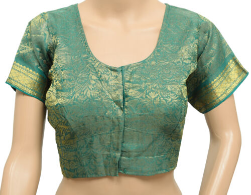 Sushila Vintage Readymade Stitched Sari Blouse Green Zari Brocade Floral  Top 38 - Picture 1 of 4