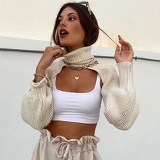 Knitted Turtleneck Overlay Sweater Streetwear Lantern Sleeve Shawl Crop Pullover