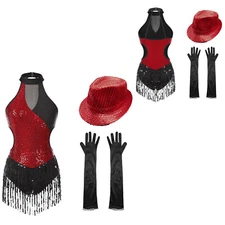 Women Bodysuit With Hat Patchwork Leotard And Gloves Stage Rompers Maroon Jazz
