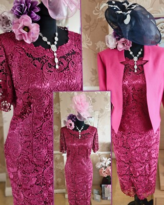 Jacques Vert Phase Eight Cerise Pink Lace Dress Jacket Mother Bride Wedding  16 UK